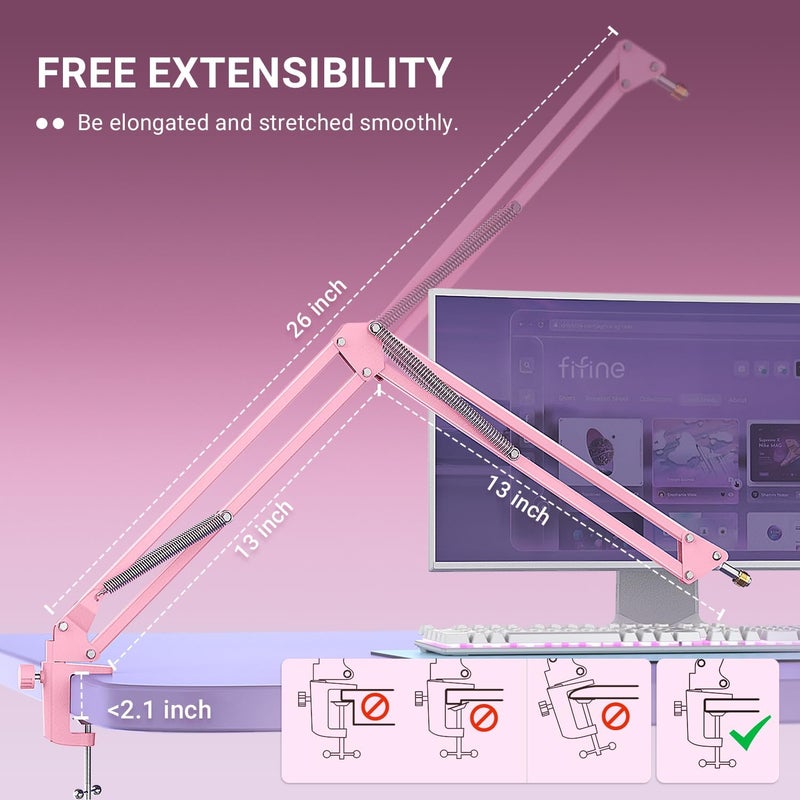 FIFINE حامل ميكروفون بوم آرم، ذراع ميكروفون مع تثبيت على المكتب للبودكاست، البث، الألعاب، استوديو المنزل، حامل ميكروفون بوم مقص معدني-CS1 وردي - Image 3